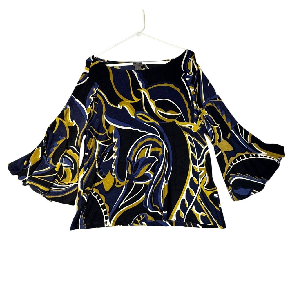 Travelers by Chico's Women Sz 2 L Abstract Paisley Bell‎ Sleeve Boat Neck Top